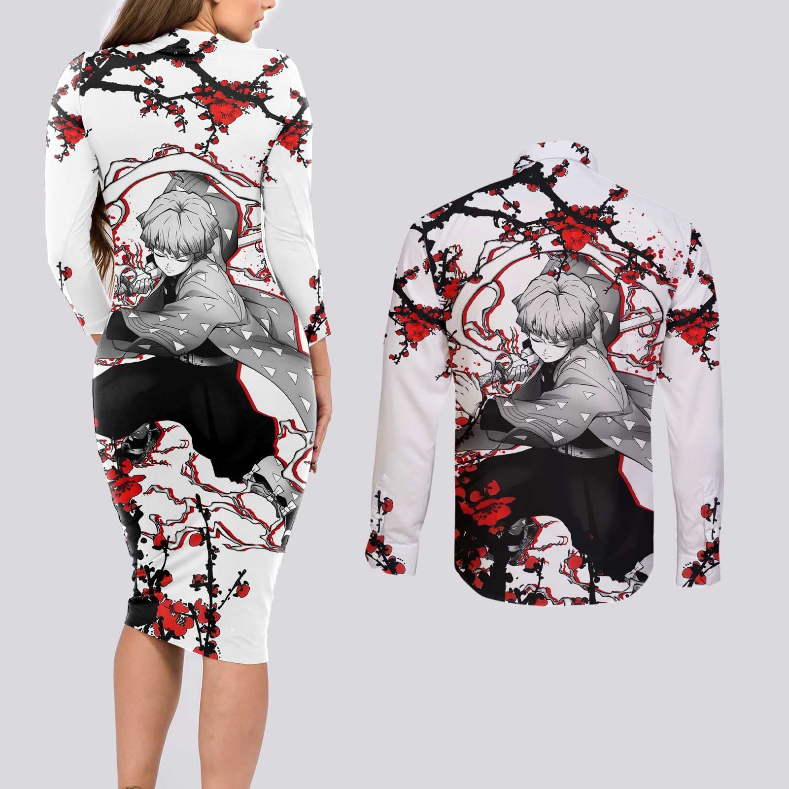 Zenitsu Agatsuma - Demon Slayer Couples Matching Long Sleeve Bodycon Dress and Long Sleeve Button Shirt Anime Japan Style