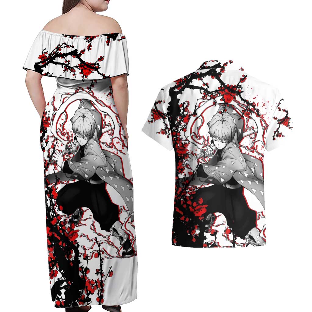 Zenitsu Agatsuma - Demon Slayer Couples Matching Off Shoulder Maxi Dress and Hawaiian Shirt Anime Japan Style