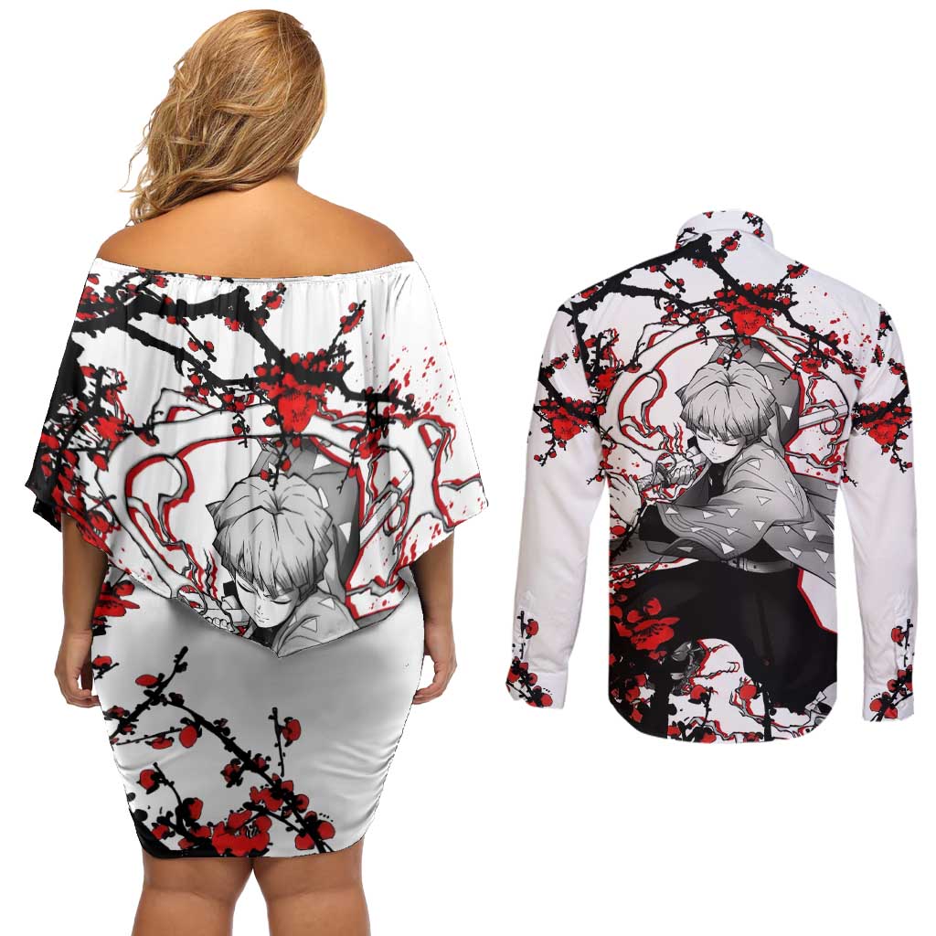 Zenitsu Agatsuma - Demon Slayer Couples Matching Off Shoulder Short Dress and Long Sleeve Button Shirt Anime Japan Style