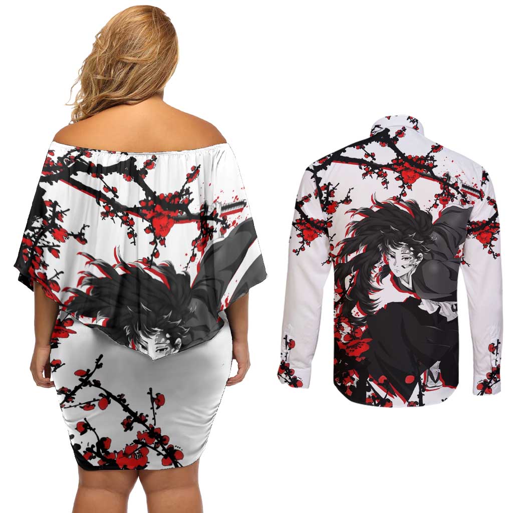 Yoriichi Tsugikuni - Demon Slayer Couples Matching Off Shoulder Short Dress and Long Sleeve Button Shirt Anime Japan Style