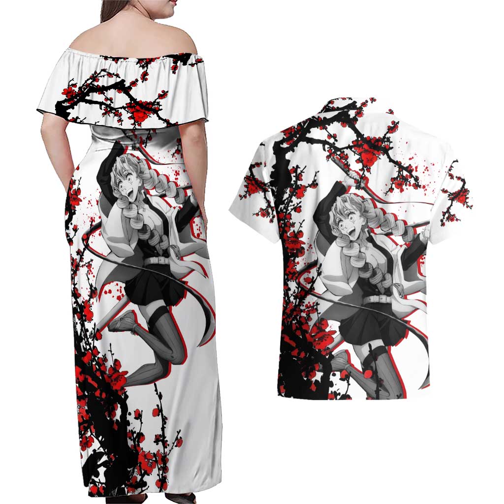 Mitsuri Kanroji - Demon Slayer Couples Matching Off Shoulder Maxi Dress and Hawaiian Shirt Anime Japan Style