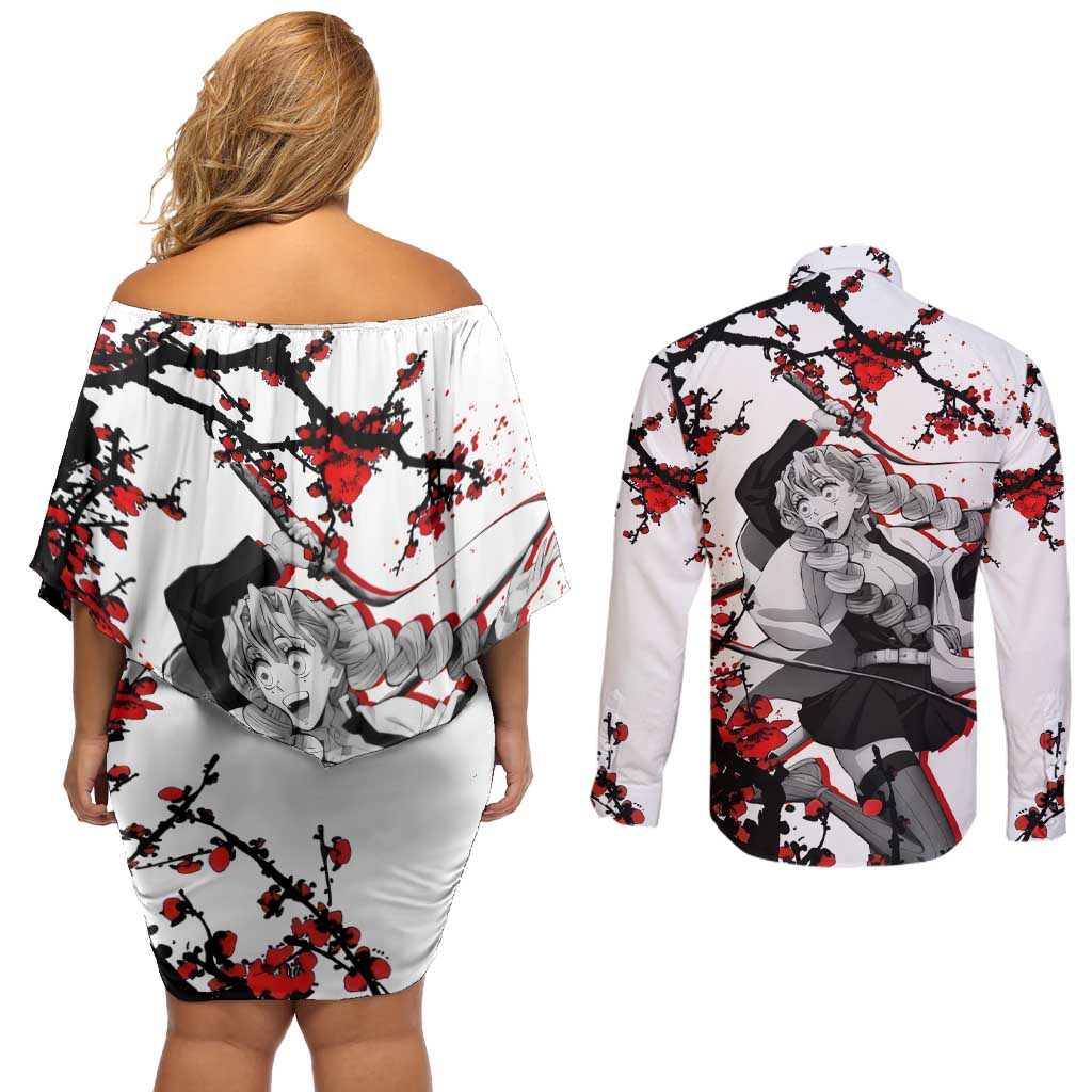 Mitsuri Kanroji - Demon Slayer Couples Matching Off Shoulder Short Dress and Long Sleeve Button Shirt Anime Japan Style