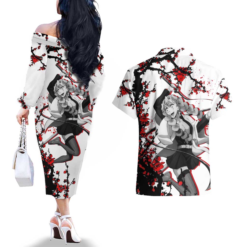 Mitsuri Kanroji - Demon Slayer Couples Matching Off The Shoulder Long Sleeve Dress and Hawaiian Shirt Anime Japan Style