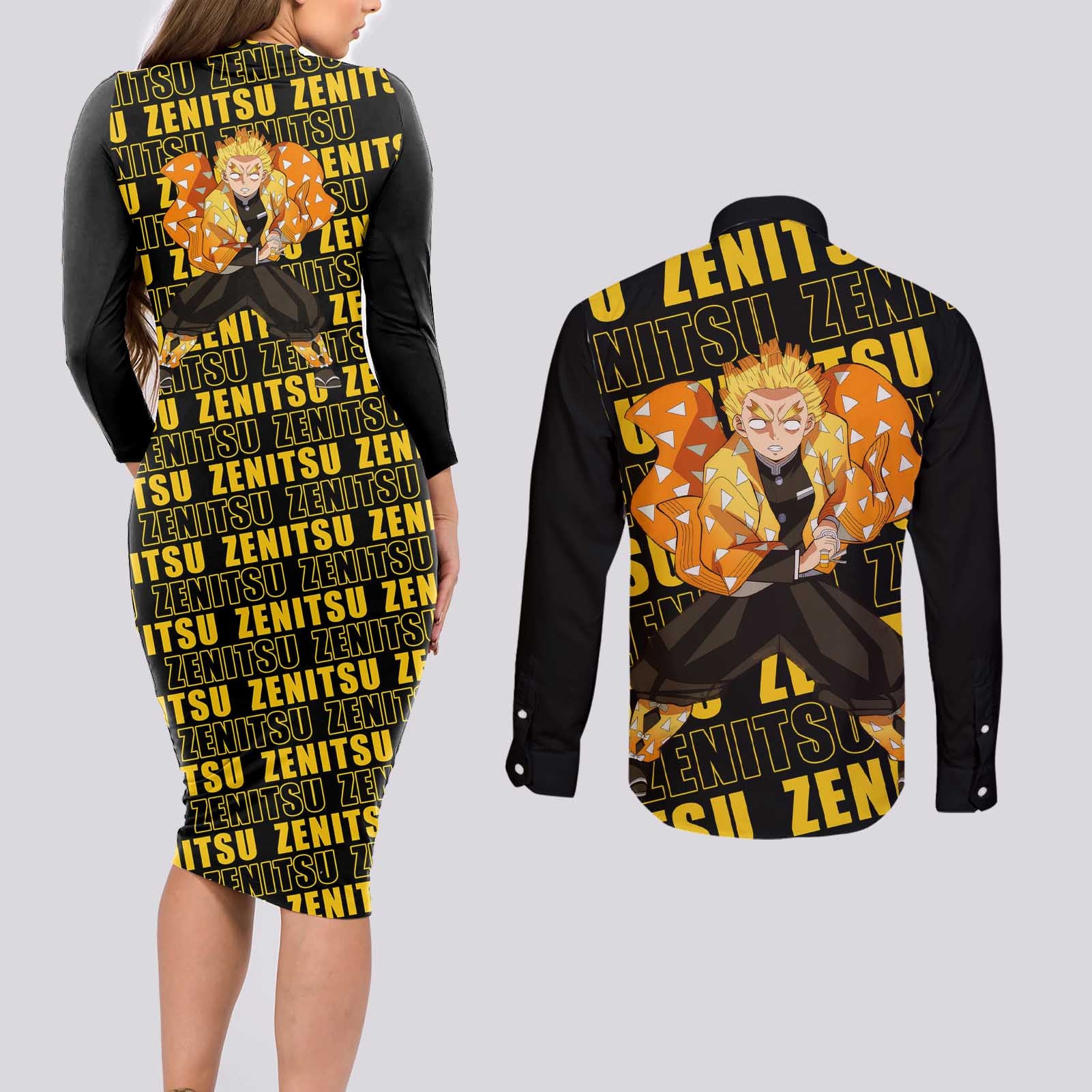 Zenitsu Agatsuma - Demon Slayer Couples Matching Long Sleeve Bodycon Dress and Long Sleeve Button Shirt Anime Style