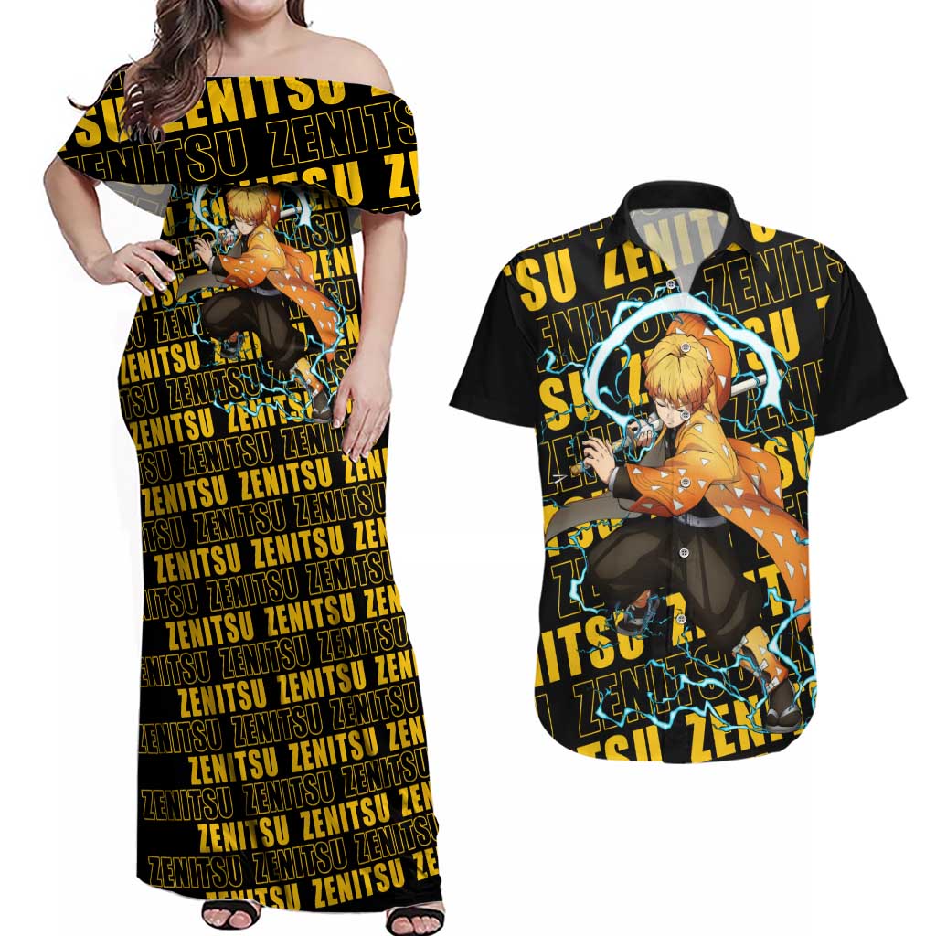 Zenitsu Agatsuma - Demon Slayer Couples Matching Off Shoulder Maxi Dress and Hawaiian Shirt Anime Style
