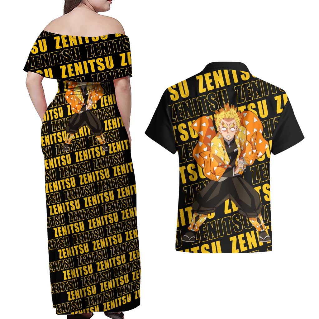Zenitsu Agatsuma - Demon Slayer Couples Matching Off Shoulder Maxi Dress and Hawaiian Shirt Anime Style