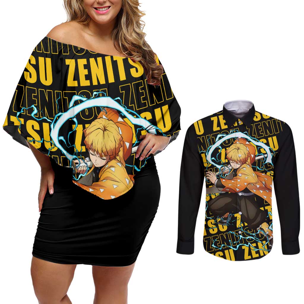 Zenitsu Agatsuma - Demon Slayer Couples Matching Off Shoulder Short Dress and Long Sleeve Button Shirt Anime Style