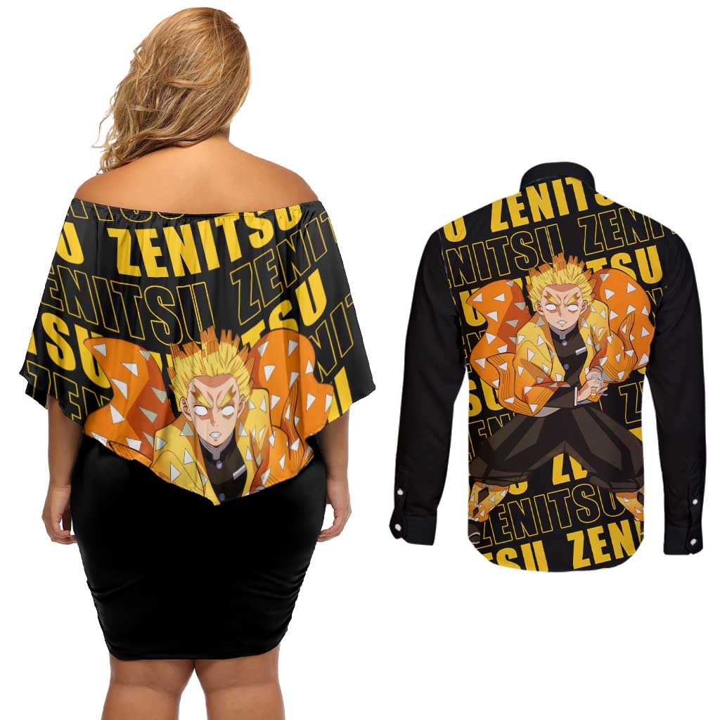 Zenitsu Agatsuma - Demon Slayer Couples Matching Off Shoulder Short Dress and Long Sleeve Button Shirt Anime Style