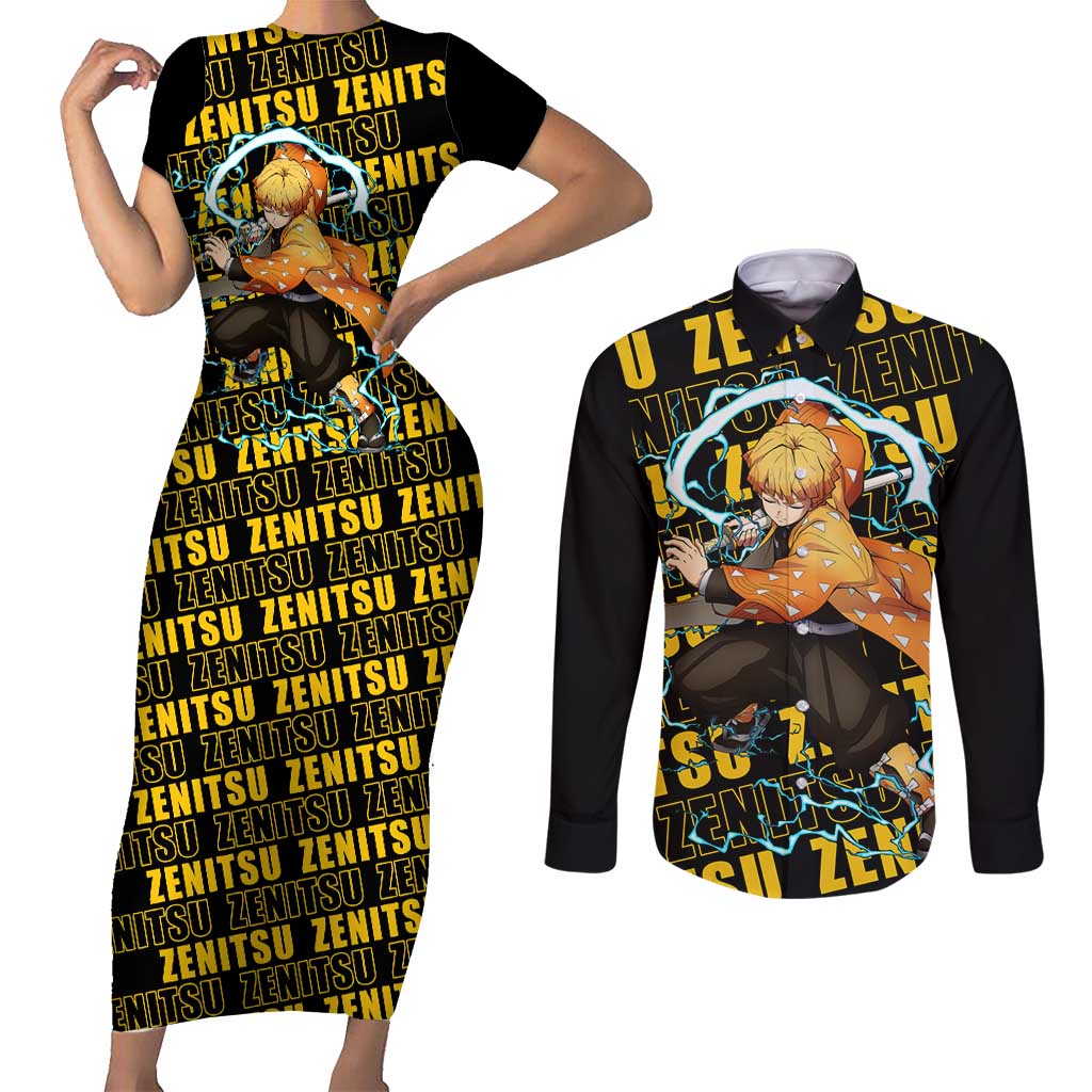 Zenitsu Agatsuma - Demon Slayer Couples Matching Short Sleeve Bodycon Dress and Long Sleeve Button Shirt Anime Style