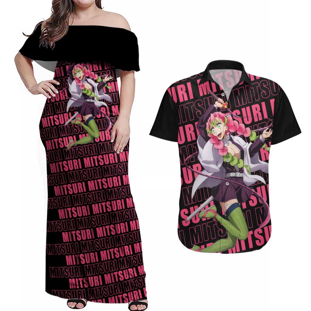 Mitsuri Kanroji - Demon Slayer Couples Matching Off Shoulder Maxi Dress and Hawaiian Shirt Anime Style