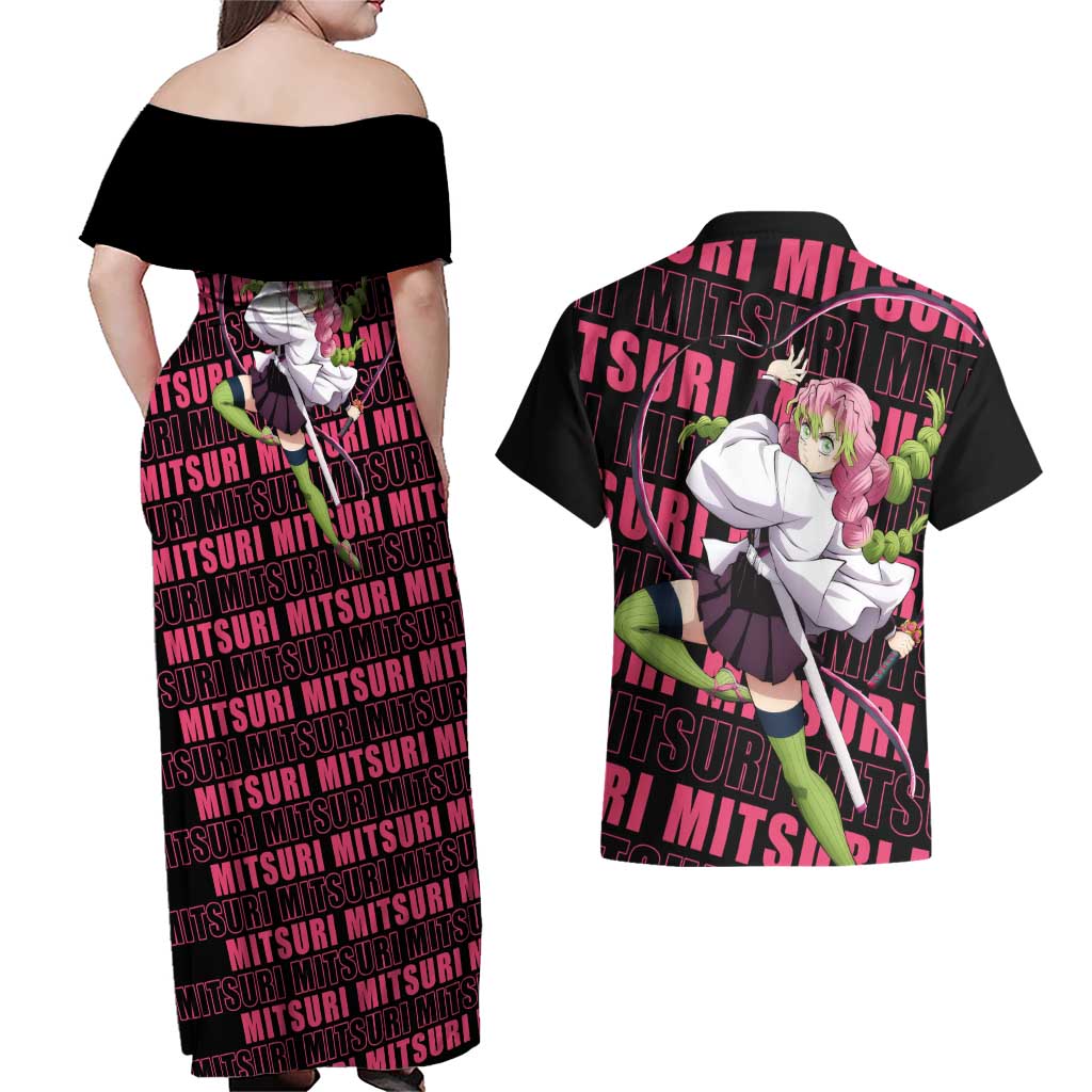 Mitsuri Kanroji - Demon Slayer Couples Matching Off Shoulder Maxi Dress and Hawaiian Shirt Anime Style