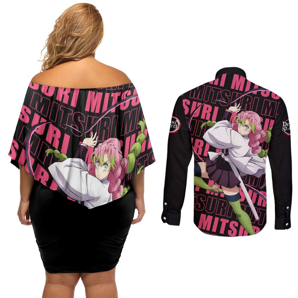Mitsuri Kanroji - Demon Slayer Couples Matching Off Shoulder Short Dress and Long Sleeve Button Shirt Anime Style