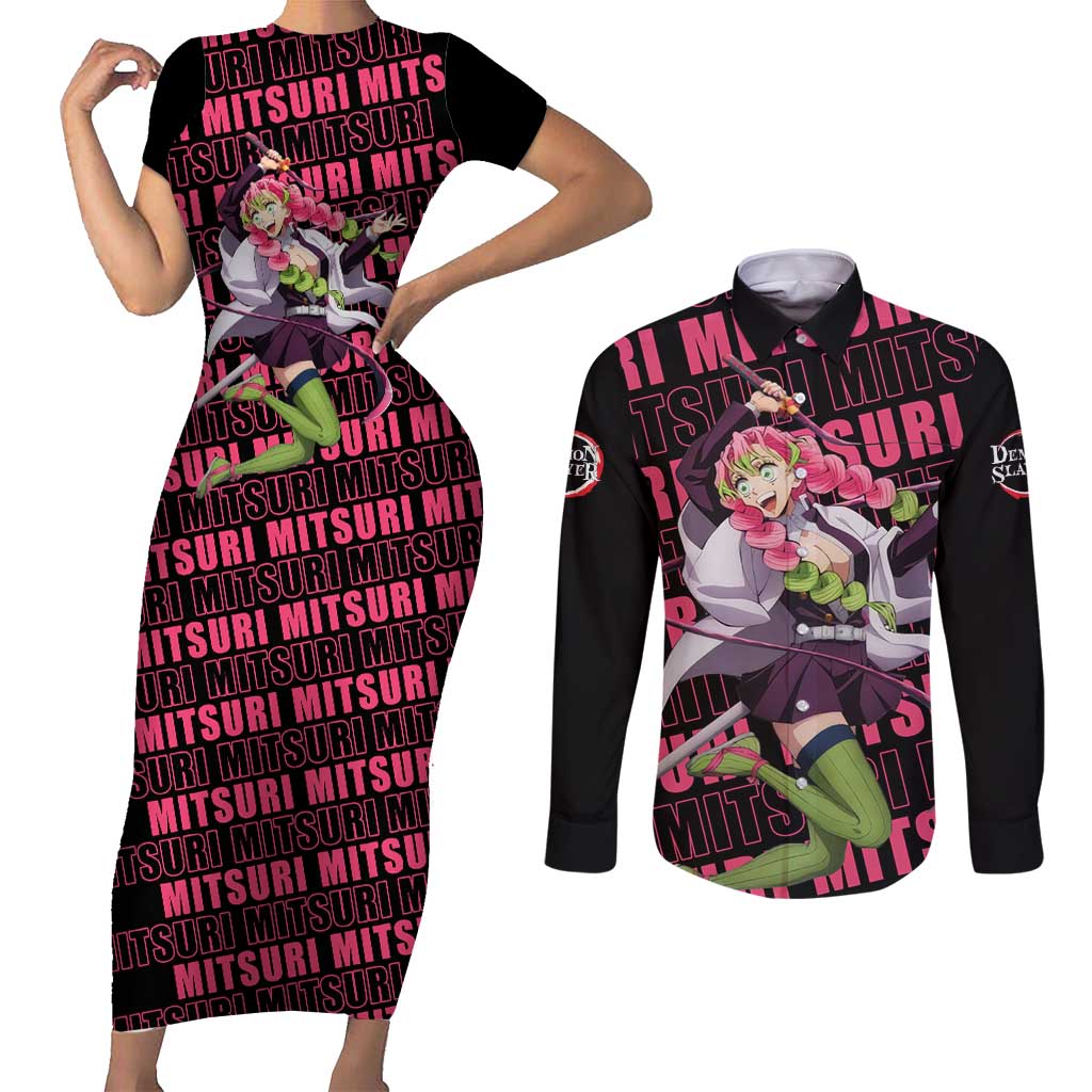 Mitsuri Kanroji - Demon Slayer Couples Matching Short Sleeve Bodycon Dress and Long Sleeve Button Shirt Anime Style