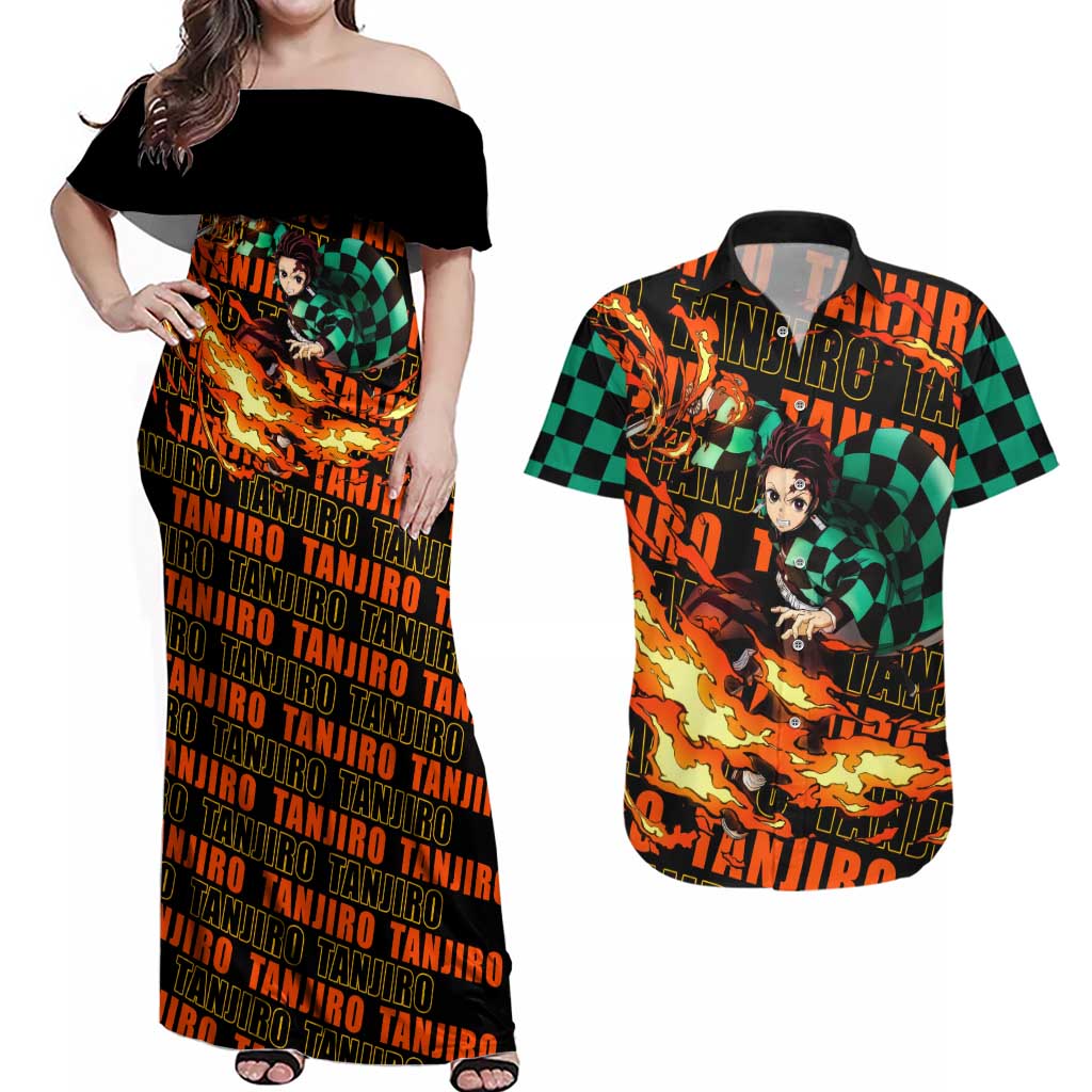 Tanjiro Kamado - Demon Slayer Couples Matching Off Shoulder Maxi Dress and Hawaiian Shirt Anime Style