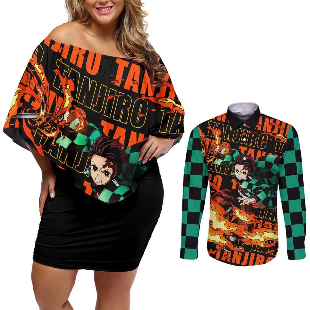 Tanjiro Kamado - Demon Slayer Couples Matching Off Shoulder Short Dress and Long Sleeve Button Shirt Anime Style