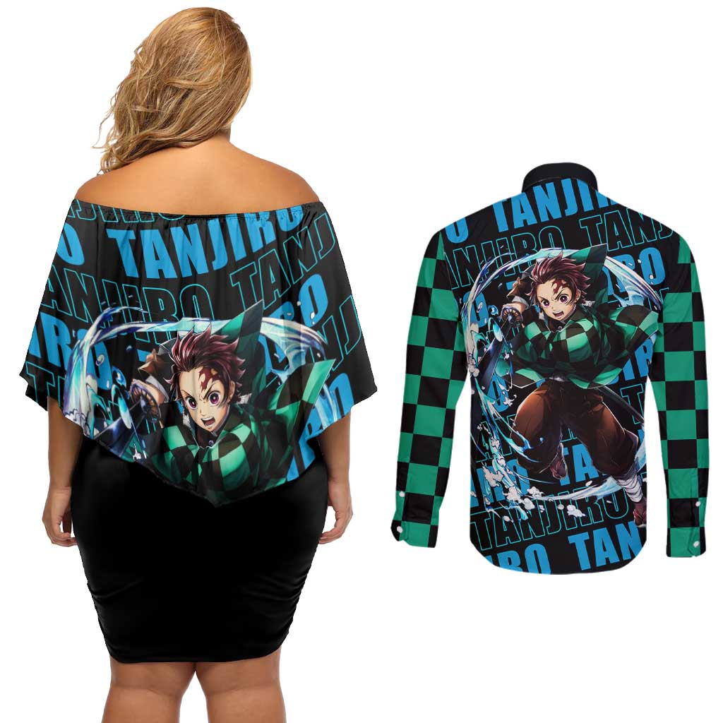 Tanjiro Kamado - Demon Slayer Couples Matching Off Shoulder Short Dress and Long Sleeve Button Shirt Anime Style