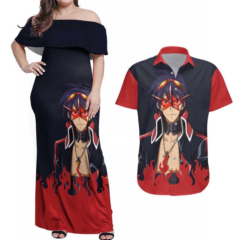 Simon - Tengen Toppa Guren Lagann Couples Matching Off Shoulder Maxi Dress and Hawaiian Shirt Anime Style