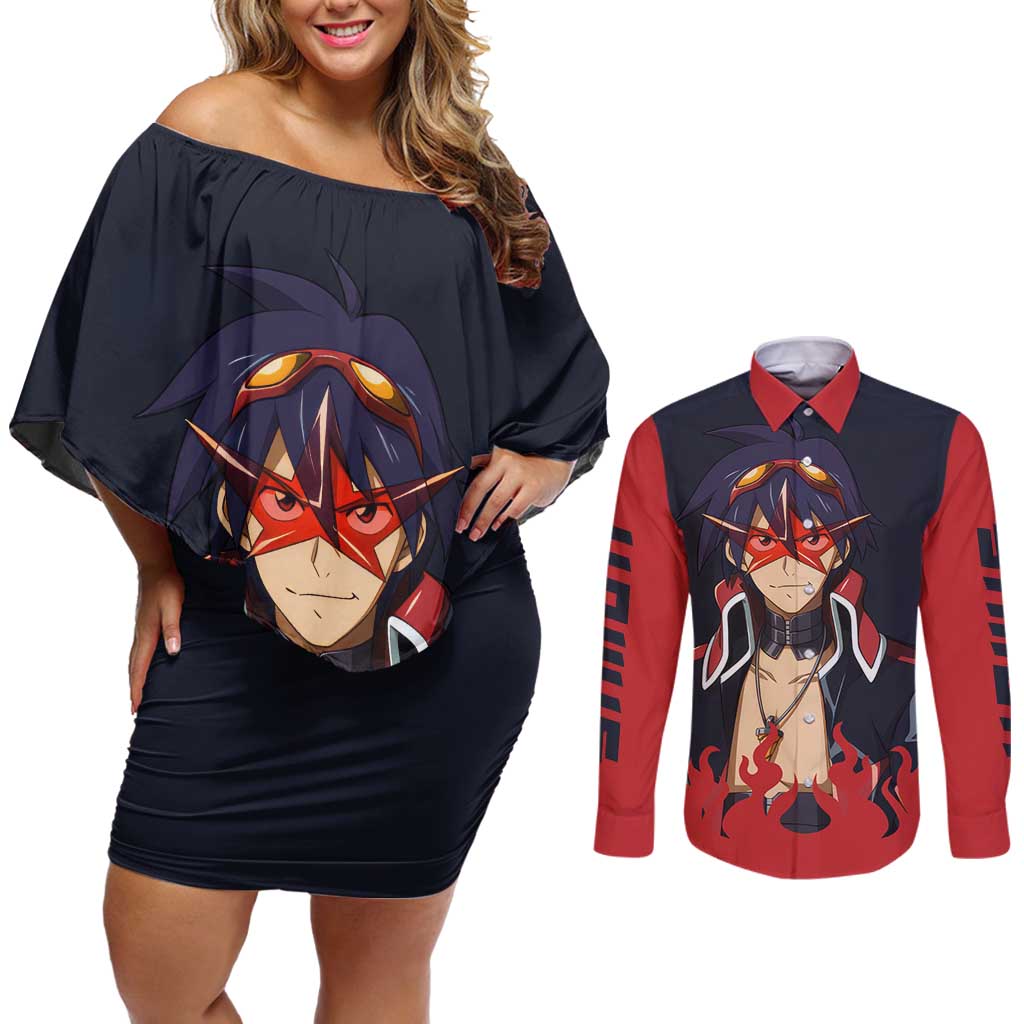 Simon - Tengen Toppa Guren Lagann Couples Matching Off Shoulder Short Dress and Long Sleeve Button Shirt Anime Style