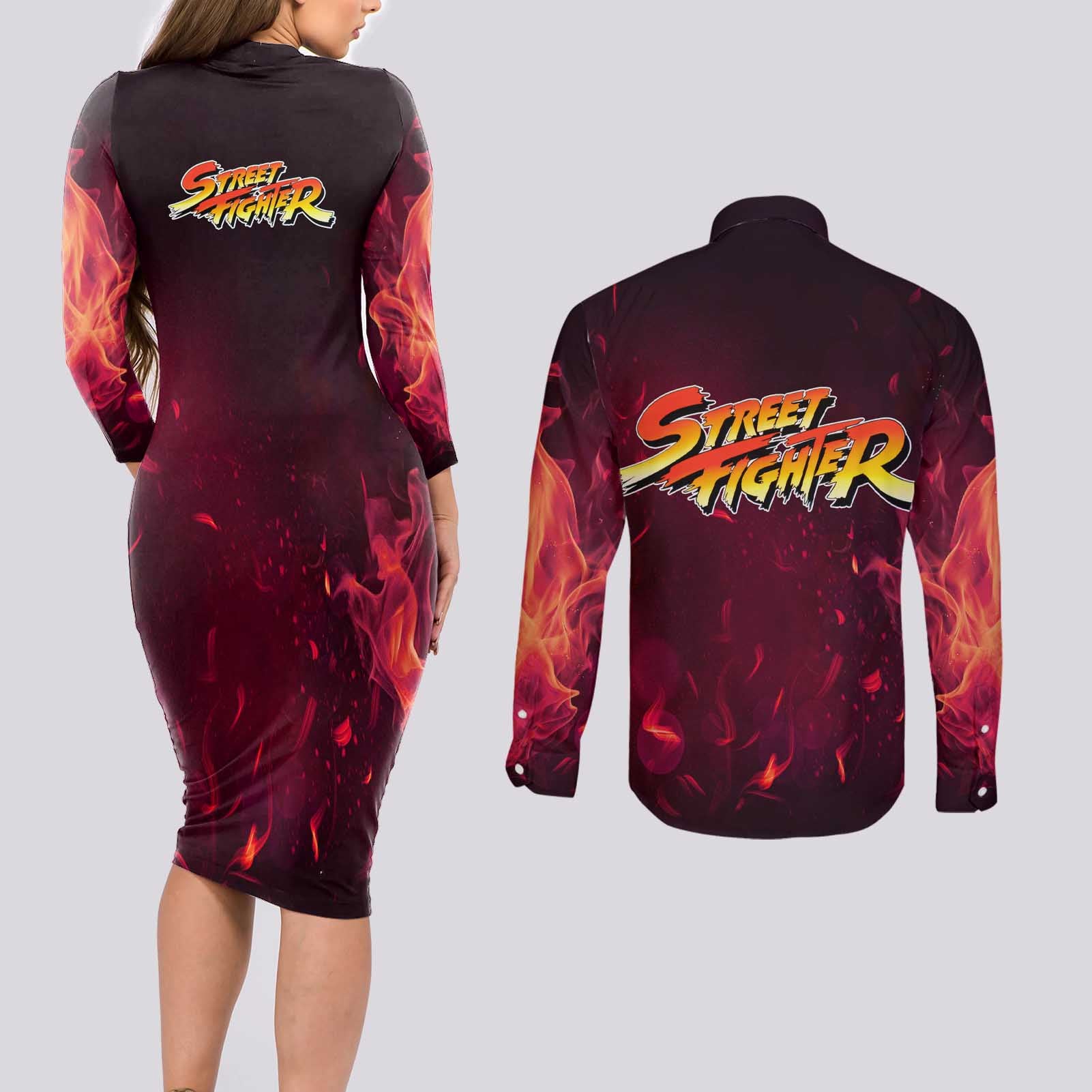 Ken - Street Fighter Couples Matching Long Sleeve Bodycon Dress and Long Sleeve Button Shirt Anime Style