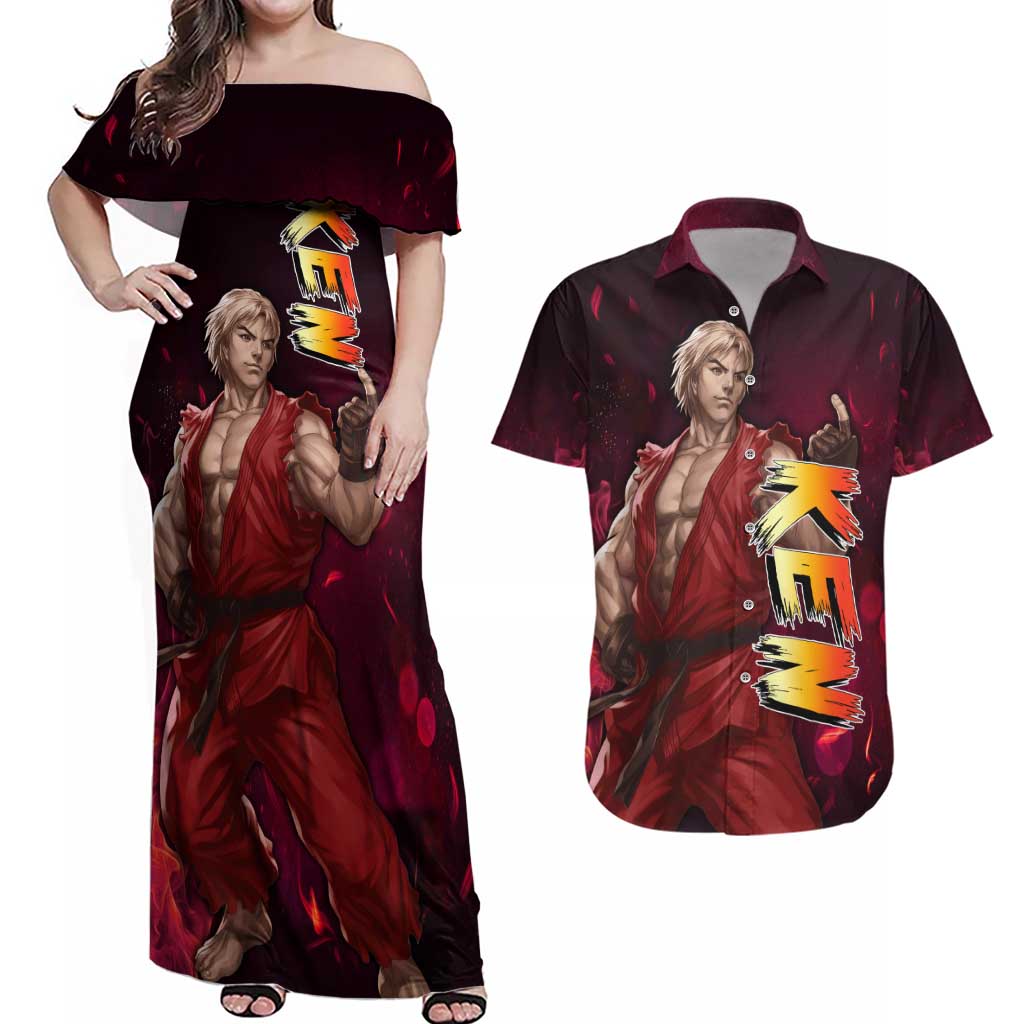 Ken - Street Fighter Couples Matching Off Shoulder Maxi Dress and Hawaiian Shirt Anime Style