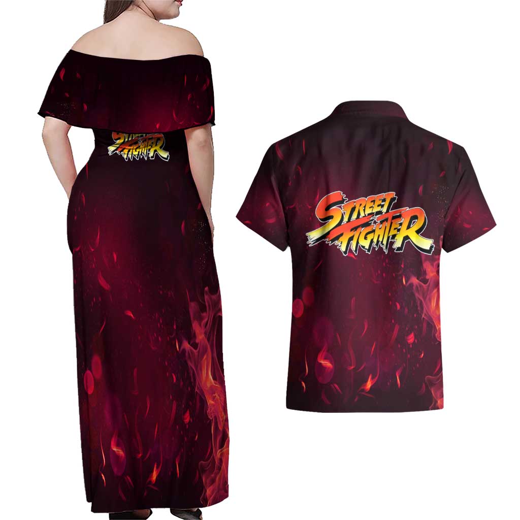 Ken - Street Fighter Couples Matching Off Shoulder Maxi Dress and Hawaiian Shirt Anime Style