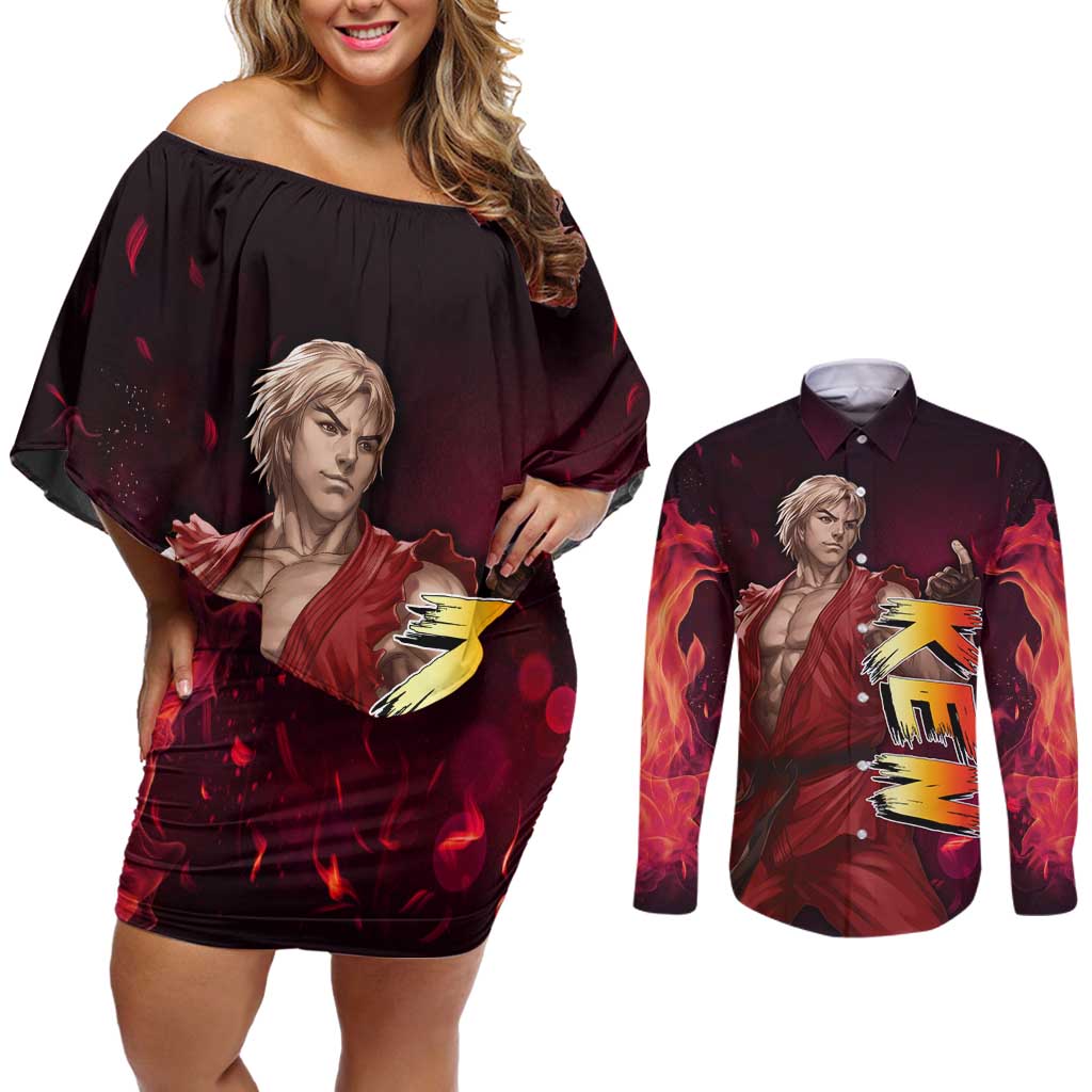 Ken - Street Fighter Couples Matching Off Shoulder Short Dress and Long Sleeve Button Shirt Anime Style