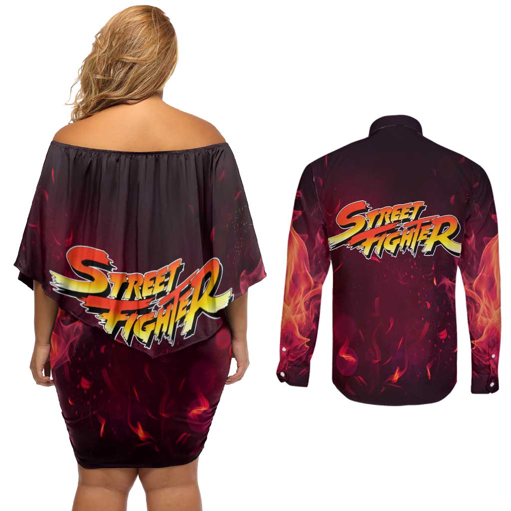 Ken - Street Fighter Couples Matching Off Shoulder Short Dress and Long Sleeve Button Shirt Anime Style