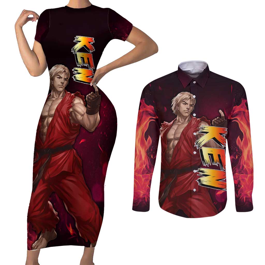Ken - Street Fighter Couples Matching Short Sleeve Bodycon Dress and Long Sleeve Button Shirt Anime Style