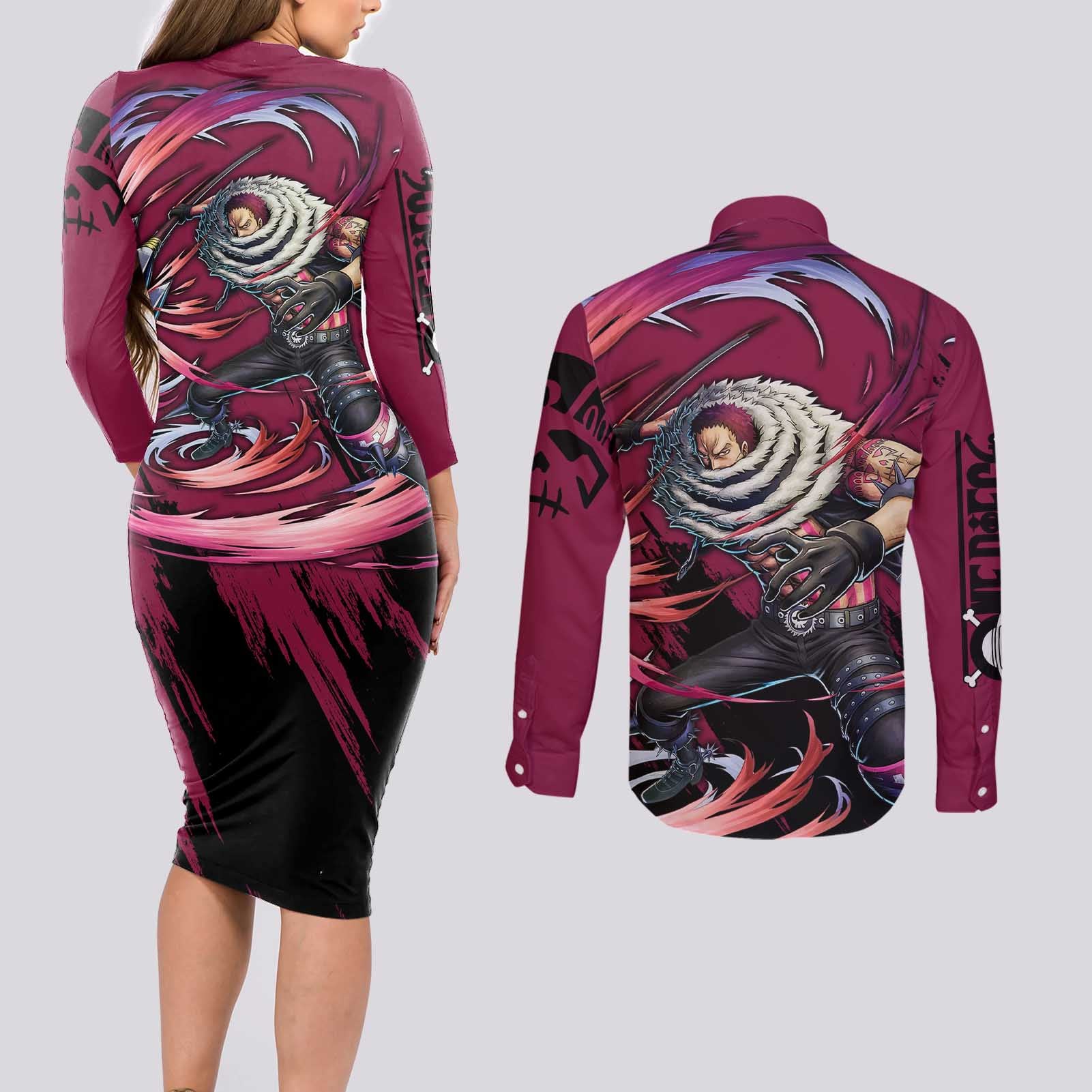 Charlotte Katakuri - One Piece Couples Matching Long Sleeve Bodycon Dress and Long Sleeve Button Shirt Anime Style