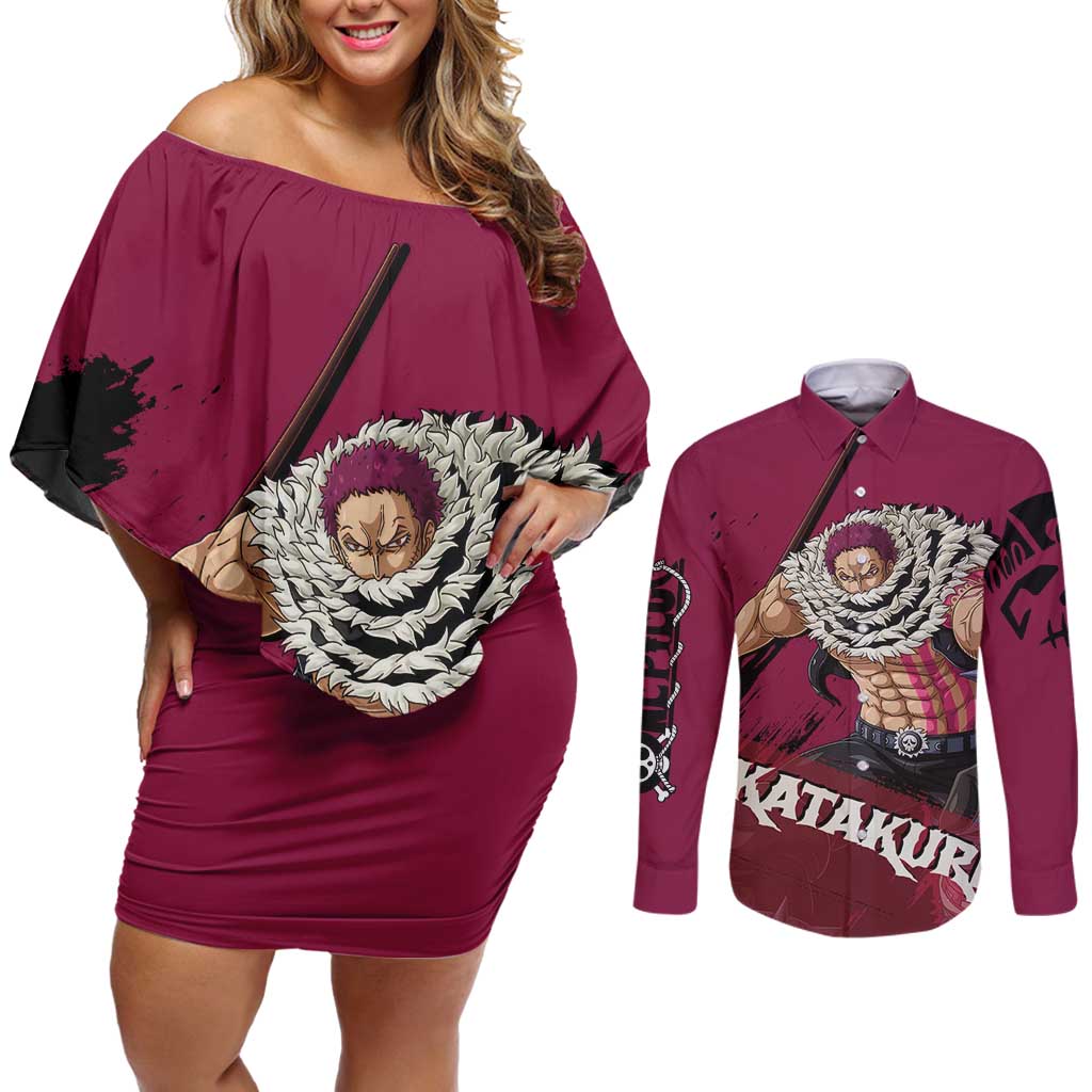 Charlotte Katakuri - One Piece Couples Matching Off Shoulder Short Dress and Long Sleeve Button Shirt Anime Style
