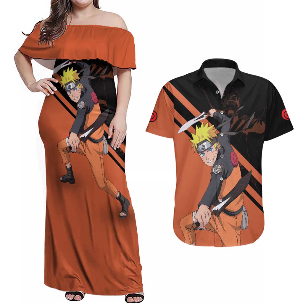Uzumaki - Naruto Couples Matching Off Shoulder Maxi Dress and Hawaiian Shirt Anime Style