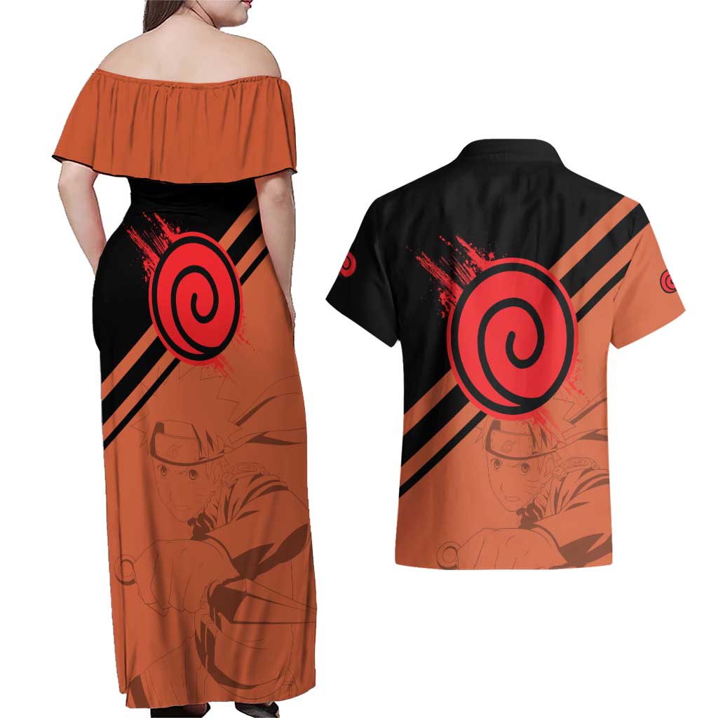 Uzumaki - Naruto Couples Matching Off Shoulder Maxi Dress and Hawaiian Shirt Anime Style