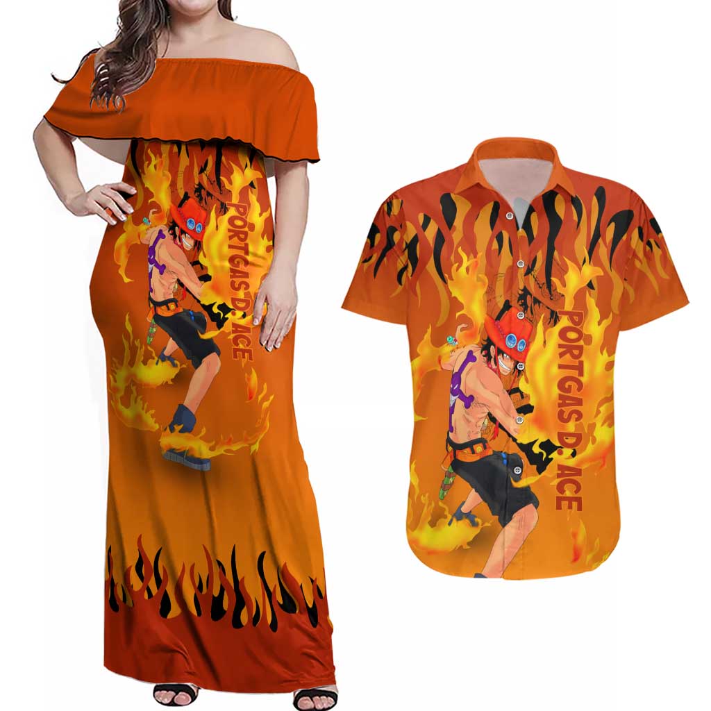 Portgas D. Ace - One Piece Couples Matching Off Shoulder Maxi Dress and Hawaiian Shirt Anime Style