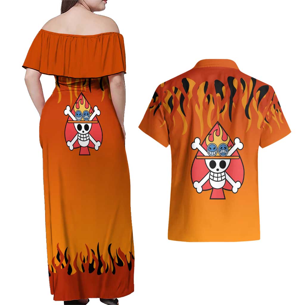Portgas D. Ace - One Piece Couples Matching Off Shoulder Maxi Dress and Hawaiian Shirt Anime Style