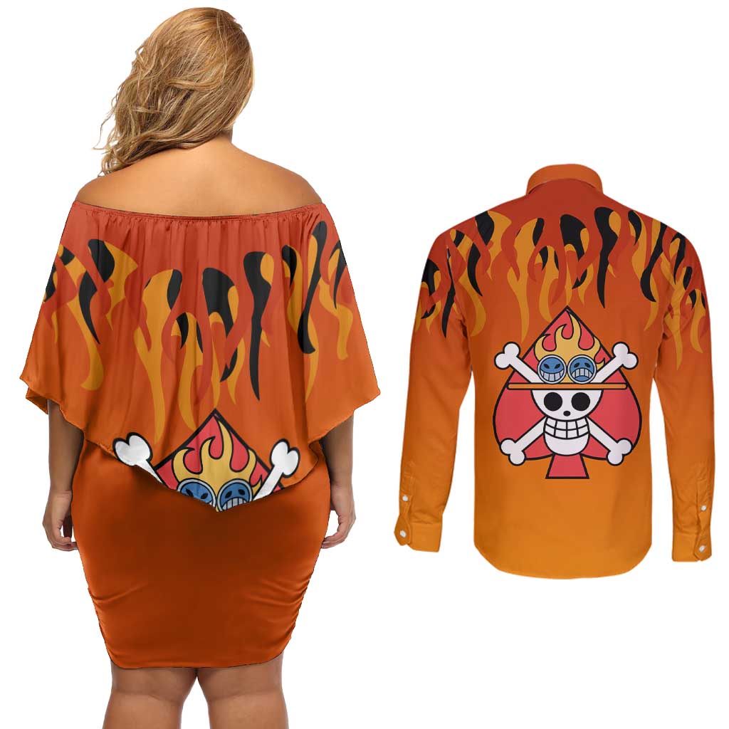 Portgas D. Ace - One Piece Couples Matching Off Shoulder Short Dress and Long Sleeve Button Shirt Anime Style