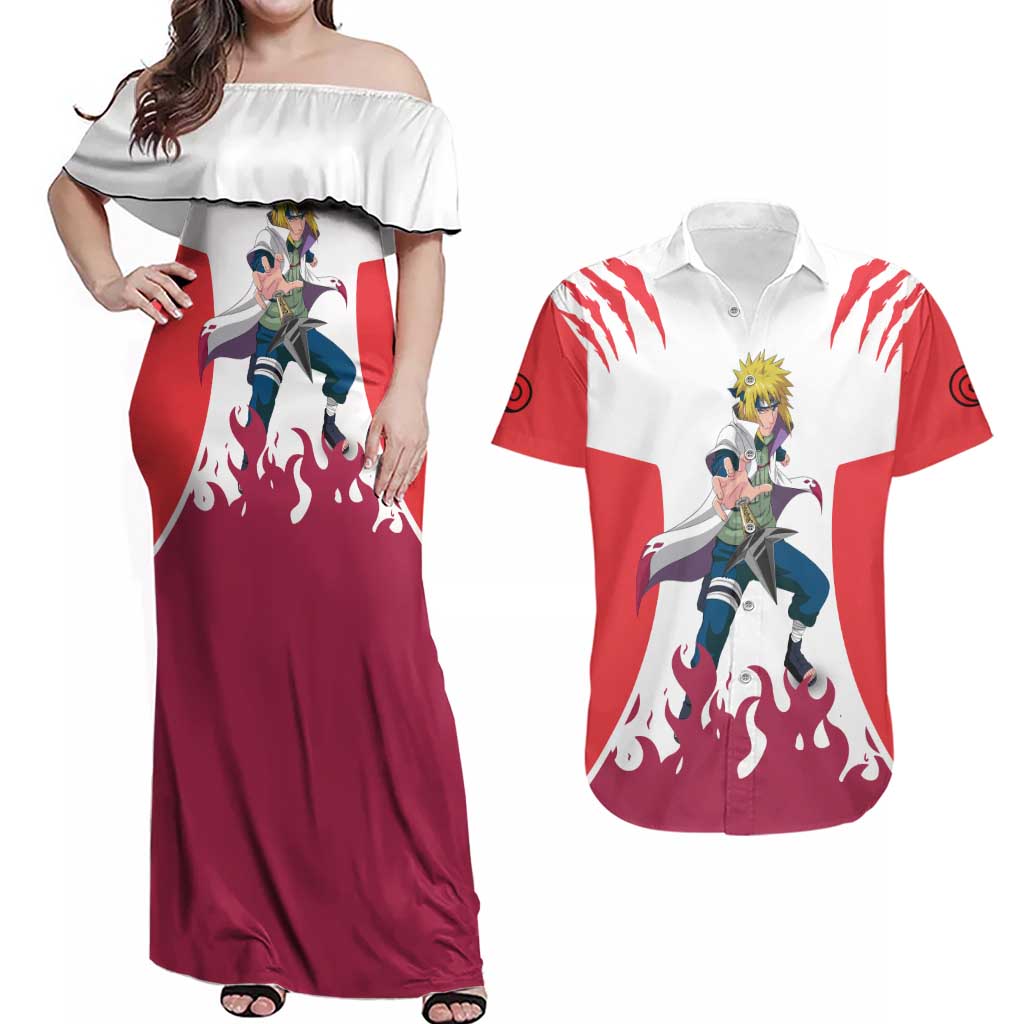 Minato Namikaze - Naruto Couples Matching Off Shoulder Maxi Dress and Hawaiian Shirt Anime Style