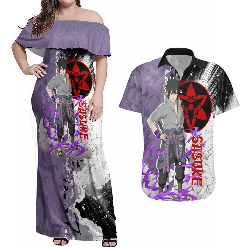 Uchiha Sasuke - Naruto Couples Matching Off Shoulder Maxi Dress and Hawaiian Shirt Anime Style