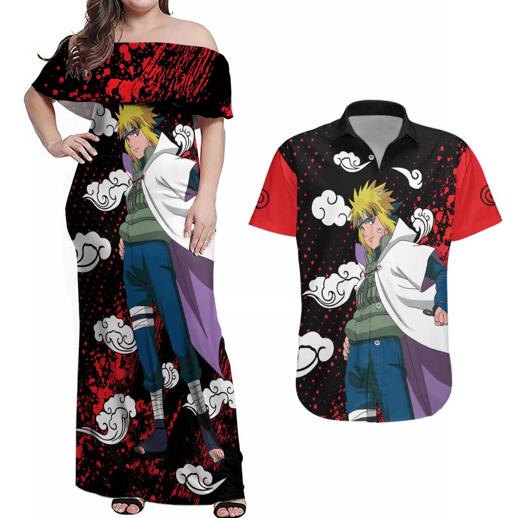 Minato Namikaze - Naruto Couples Matching Off Shoulder Maxi Dress and Hawaiian Shirt Anime Style