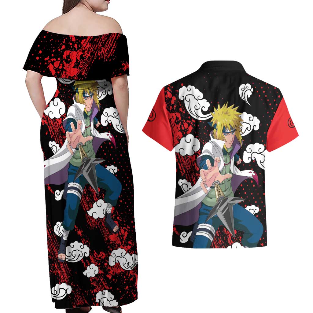 Minato Namikaze - Naruto Couples Matching Off Shoulder Maxi Dress and Hawaiian Shirt Anime Style