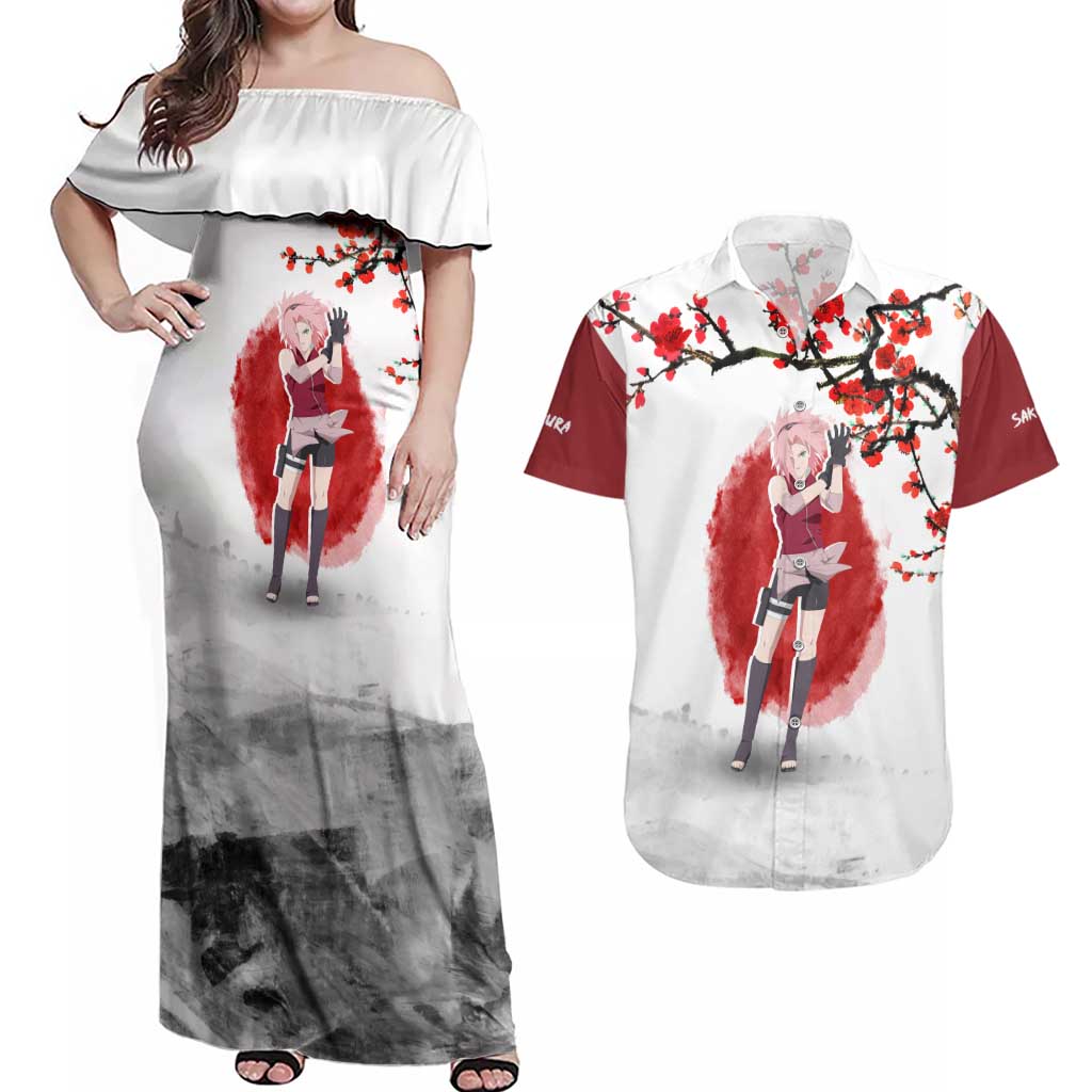 Sakura Haruno - Dragon Ball Couples Matching Off Shoulder Maxi Dress and Hawaiian Shirt Anime Style