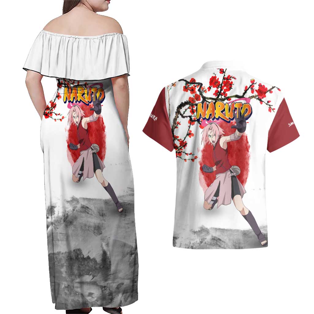 Sakura Haruno - Dragon Ball Couples Matching Off Shoulder Maxi Dress and Hawaiian Shirt Anime Style