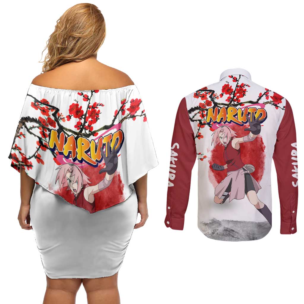 Sakura Haruno - Dragon Ball Couples Matching Off Shoulder Short Dress and Long Sleeve Button Shirt Anime Style