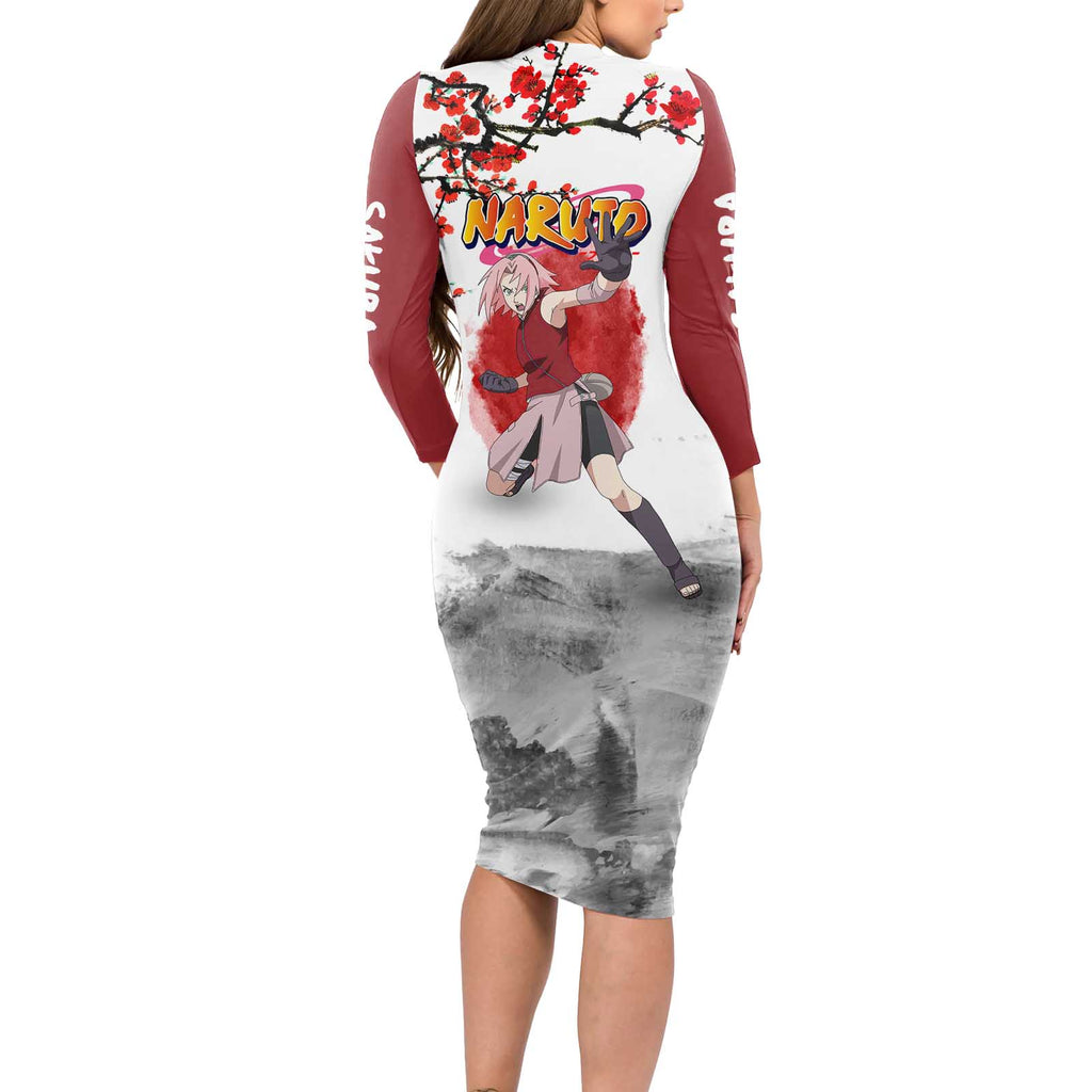 Sakura Haruno - Dragon Ball Long Sleeve Bodycon Dress Anime Style