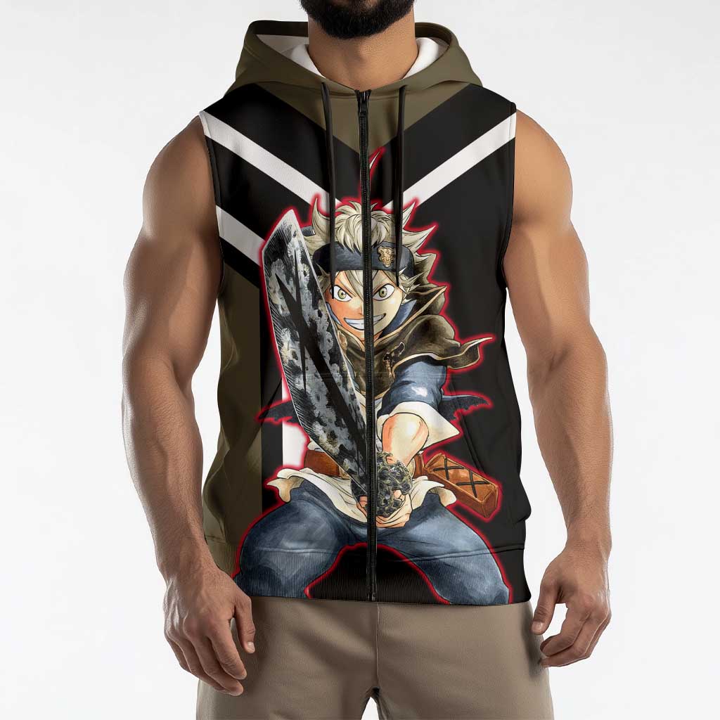 Asta Black Clover Sleeveless Zip Hoodie with Anti-Magic Sword and Fierce Battle Pose Design - The Mazicc