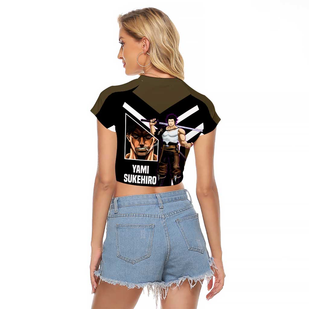 Yami Sukehiro Black Clover Raglan Cropped T Shirt with Dark Magic Pose and Powerful Battle Design - The Mazicc