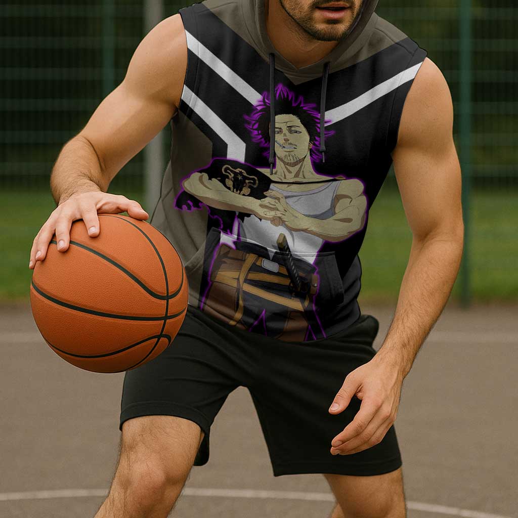 Yami Sukehiro Black Clover Sleeveless Hoodie with Dark Magic Pose and Powerful Battle Design - The Mazicc