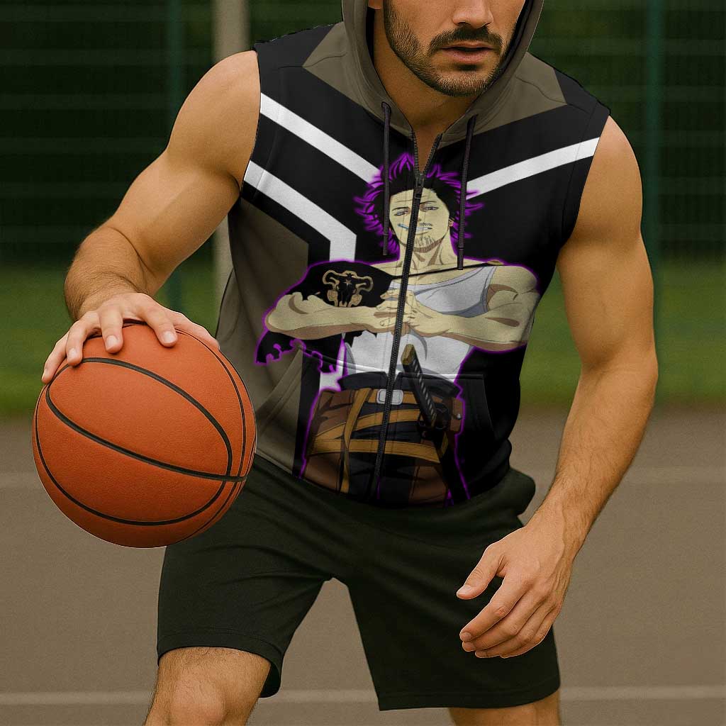 Yami Sukehiro Black Clover Sleeveless Zip Hoodie with Dark Magic Pose and Powerful Battle Design - The Mazicc