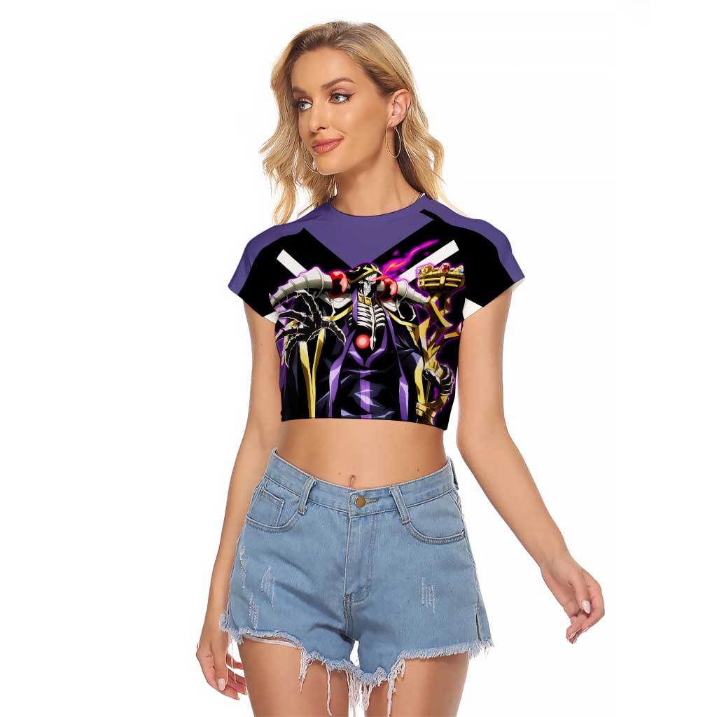 Ainz Ooal Gown Overlord Raglan Cropped T Shirt with Skeletal Mage Pose and Dark Fantasy Design - The Mazicc