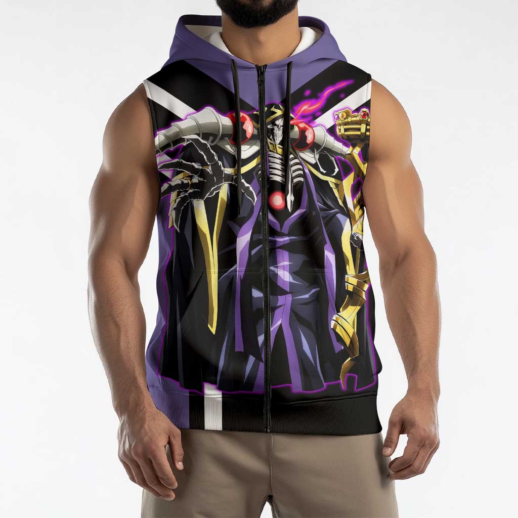 Ainz Ooal Gown Overlord Sleeveless Zip Hoodie with Skeletal Mage Pose and Dark Fantasy Design - The Mazicc