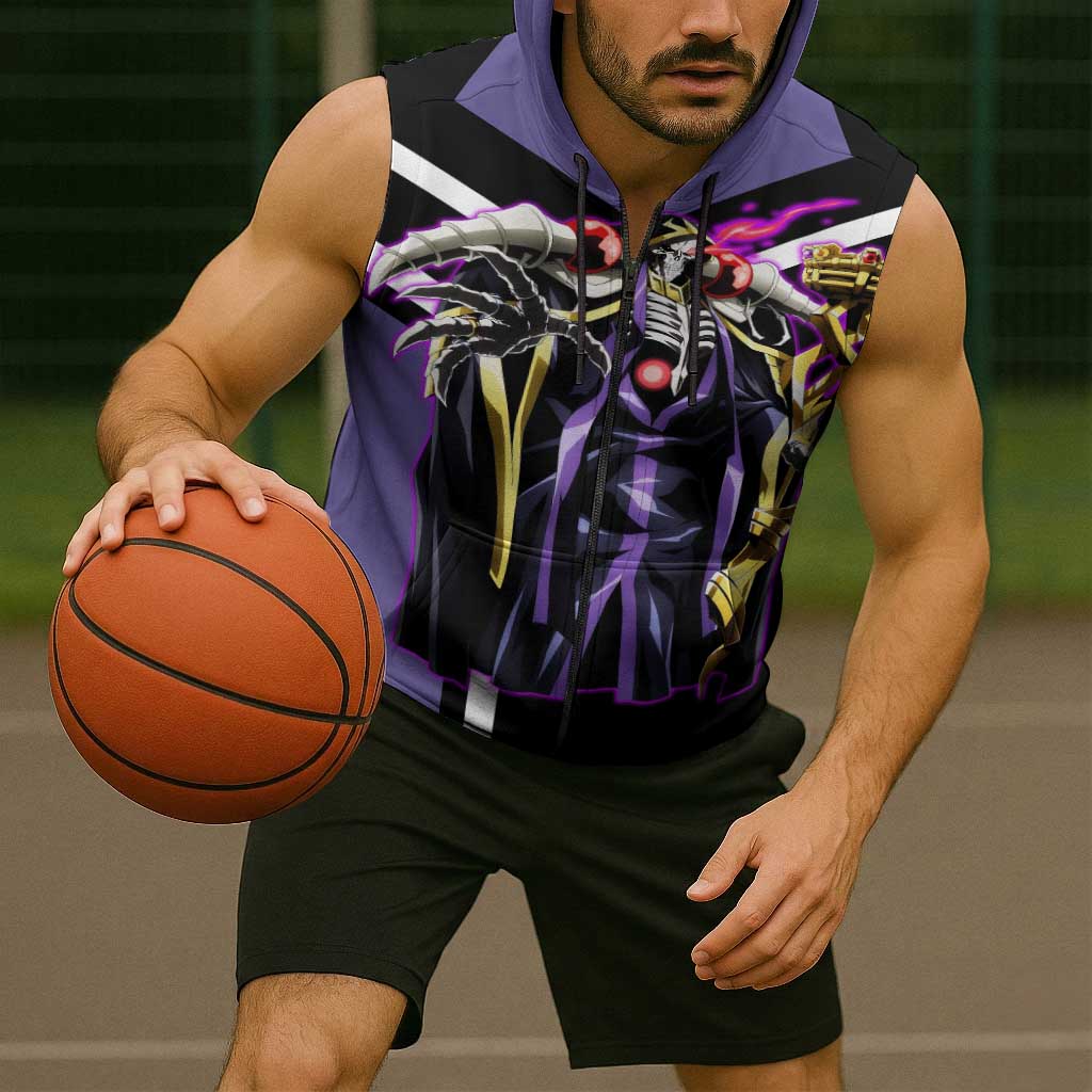Ainz Ooal Gown Overlord Sleeveless Zip Hoodie with Skeletal Mage Pose and Dark Fantasy Design - The Mazicc